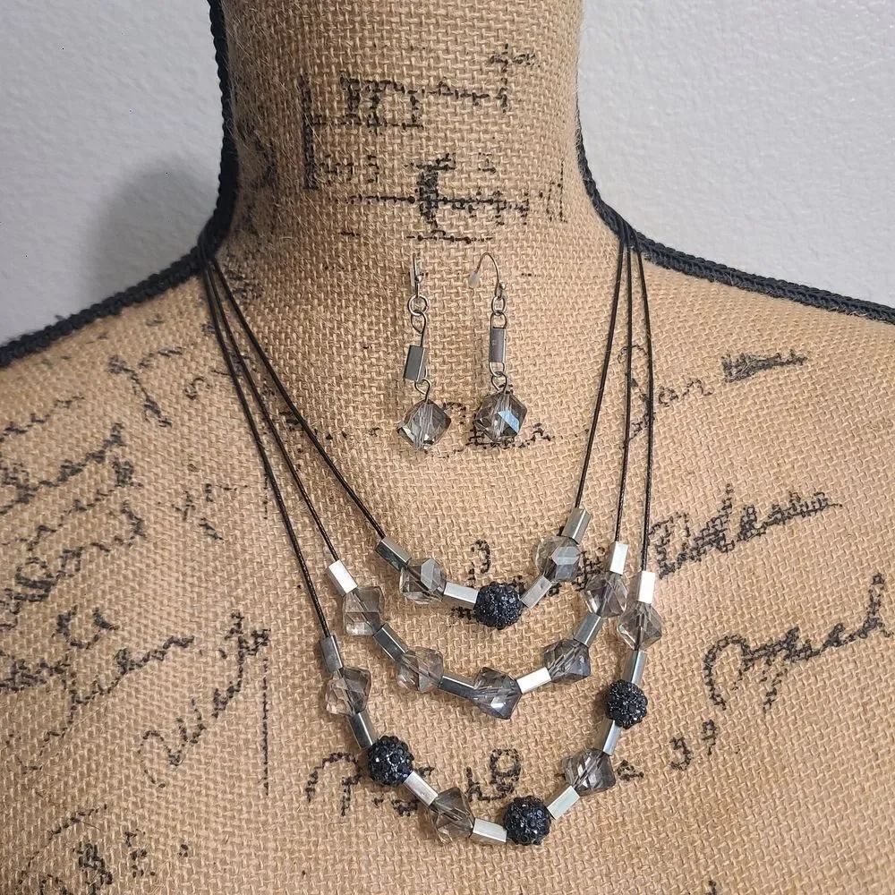 Elegant Silver and Black Beaded Jewelry Set With Necklace & Earrings